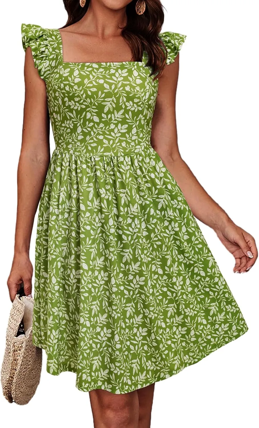 Womens Summer Casual Sleeveless Dress Floral Smocked Ruffle Square Neck Midi Dresses Flowy Boho Cute Beach Sundress