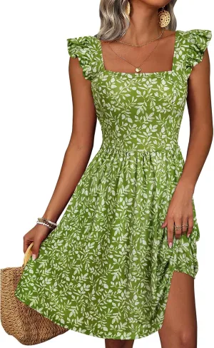 Womens Summer Casual Sleeveless Dress Floral Smocked Ruffle Square Neck Midi Dresses Flowy Boho Cute Beach Sundress