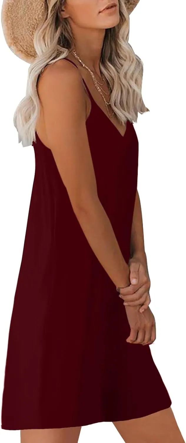 Women's Summer Casual Sleeveless Mini Dress Loose Spaghetti Strap Beach Dresses with Pockets