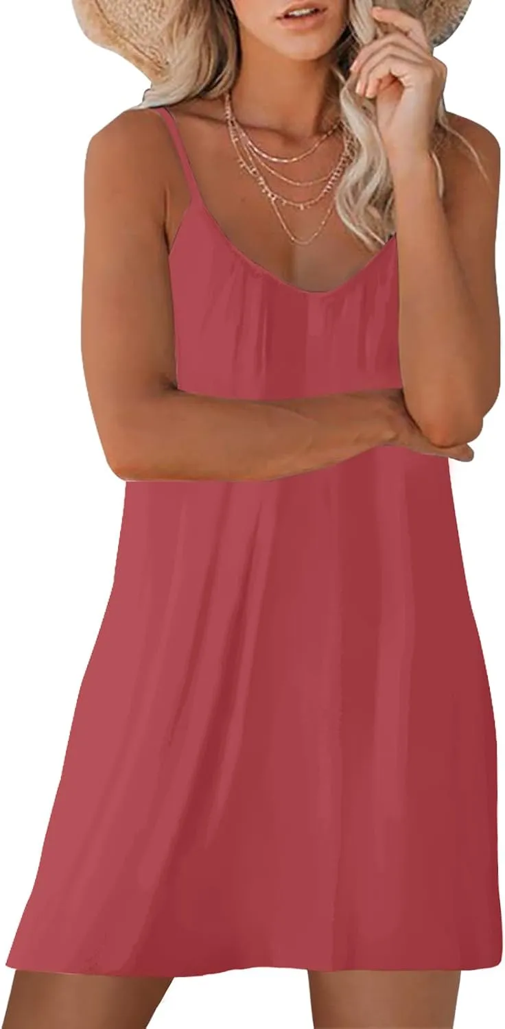 Women's Summer Casual Sleeveless Mini Dress Loose Spaghetti Strap Beach Dresses with Pockets