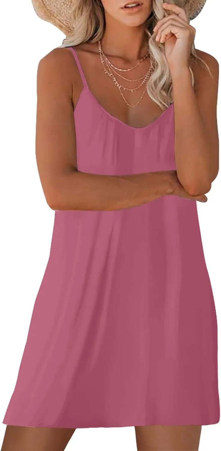 Women's Summer Casual Sleeveless Mini Dress Loose Spaghetti Strap Beach Dresses with Pockets