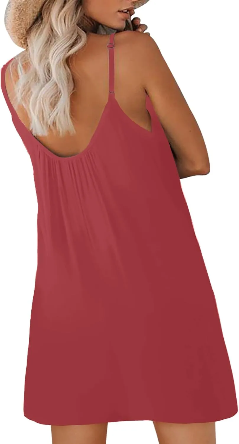 Women's Summer Casual Sleeveless Mini Dress Loose Spaghetti Strap Beach Dresses with Pockets