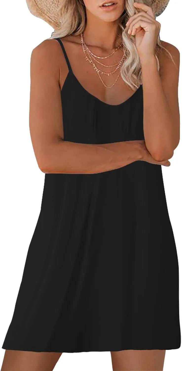 Women's Summer Casual Sleeveless Mini Dress Loose Spaghetti Strap Beach Dresses with Pockets