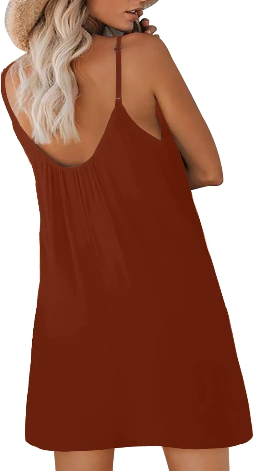 Women's Summer Casual Sleeveless Mini Dress Loose Spaghetti Strap Beach Dresses with Pockets
