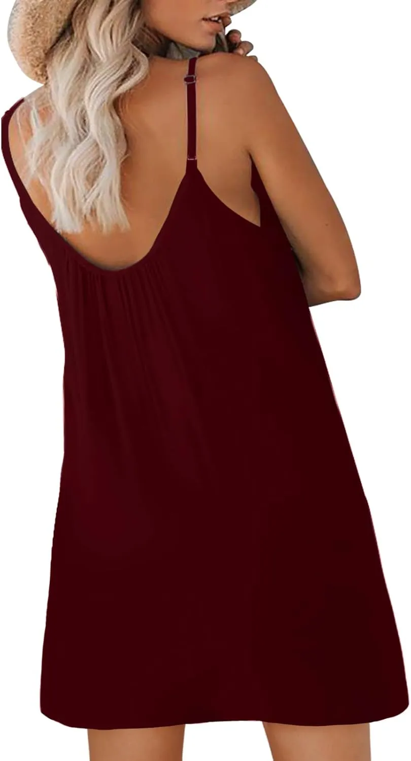 Women's Summer Casual Sleeveless Mini Dress Loose Spaghetti Strap Beach Dresses with Pockets