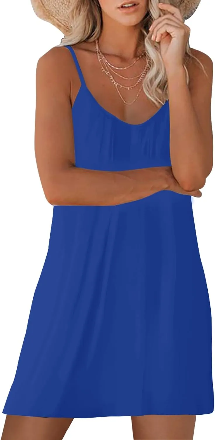 Women's Summer Casual Sleeveless Mini Dress Loose Spaghetti Strap Beach Dresses with Pockets