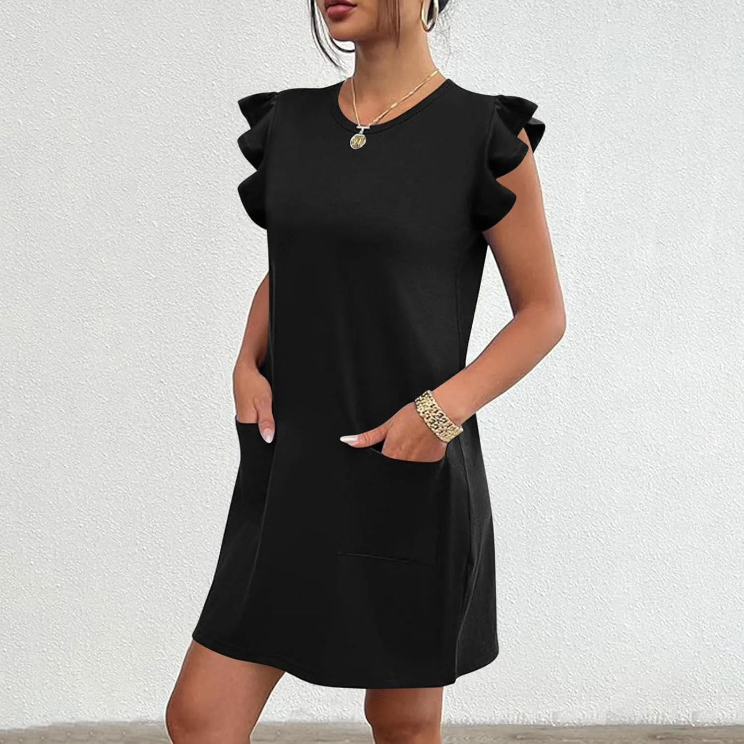 Women's Summer Dress 2024 Trendy Ruffle Flying Sleeve Round Neck Casual Loose Solid Mini Dresses with Pockets