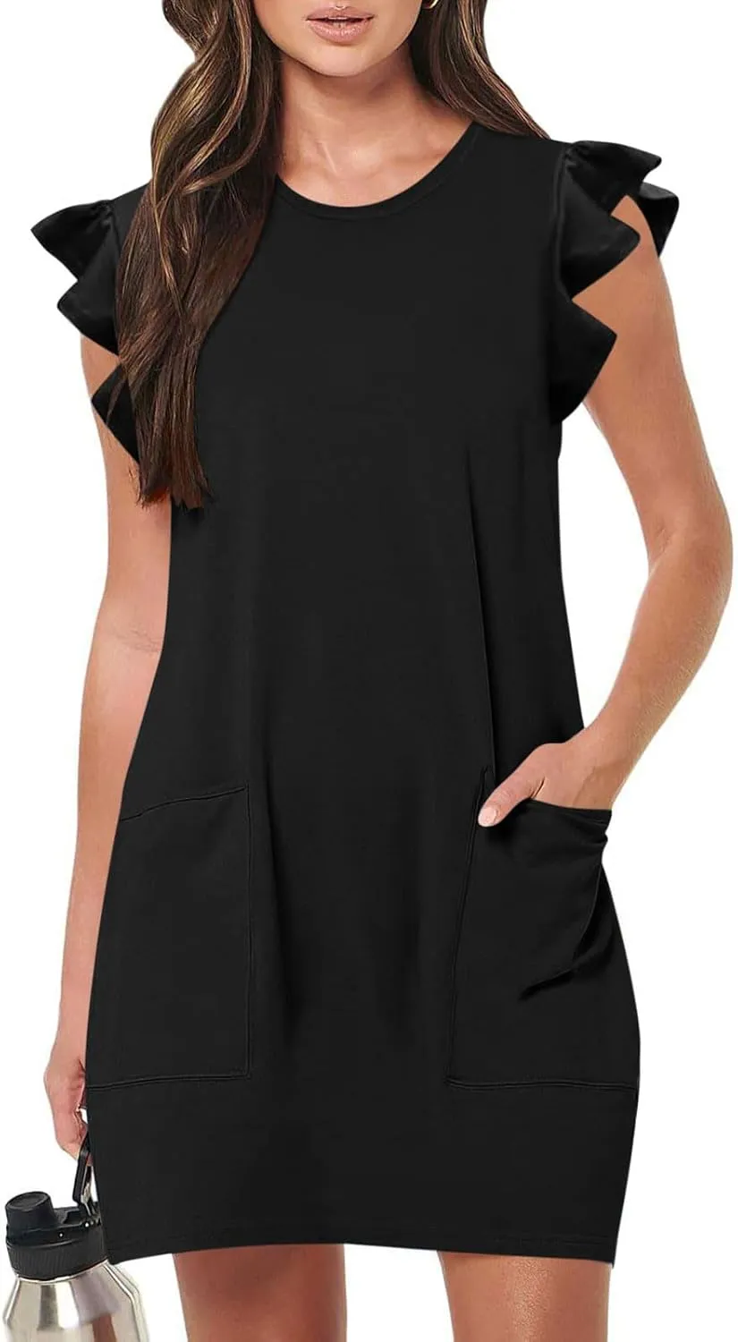 Women's Summer Dress 2024 Trendy Ruffle Flying Sleeve Round Neck Casual Loose Solid Mini Dresses with Pockets