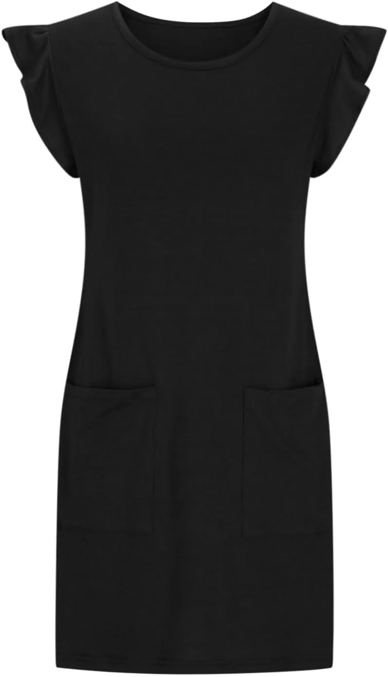 Women's Summer Dress 2024 Trendy Ruffle Flying Sleeve Round Neck Casual Loose Solid Mini Dresses with Pockets
