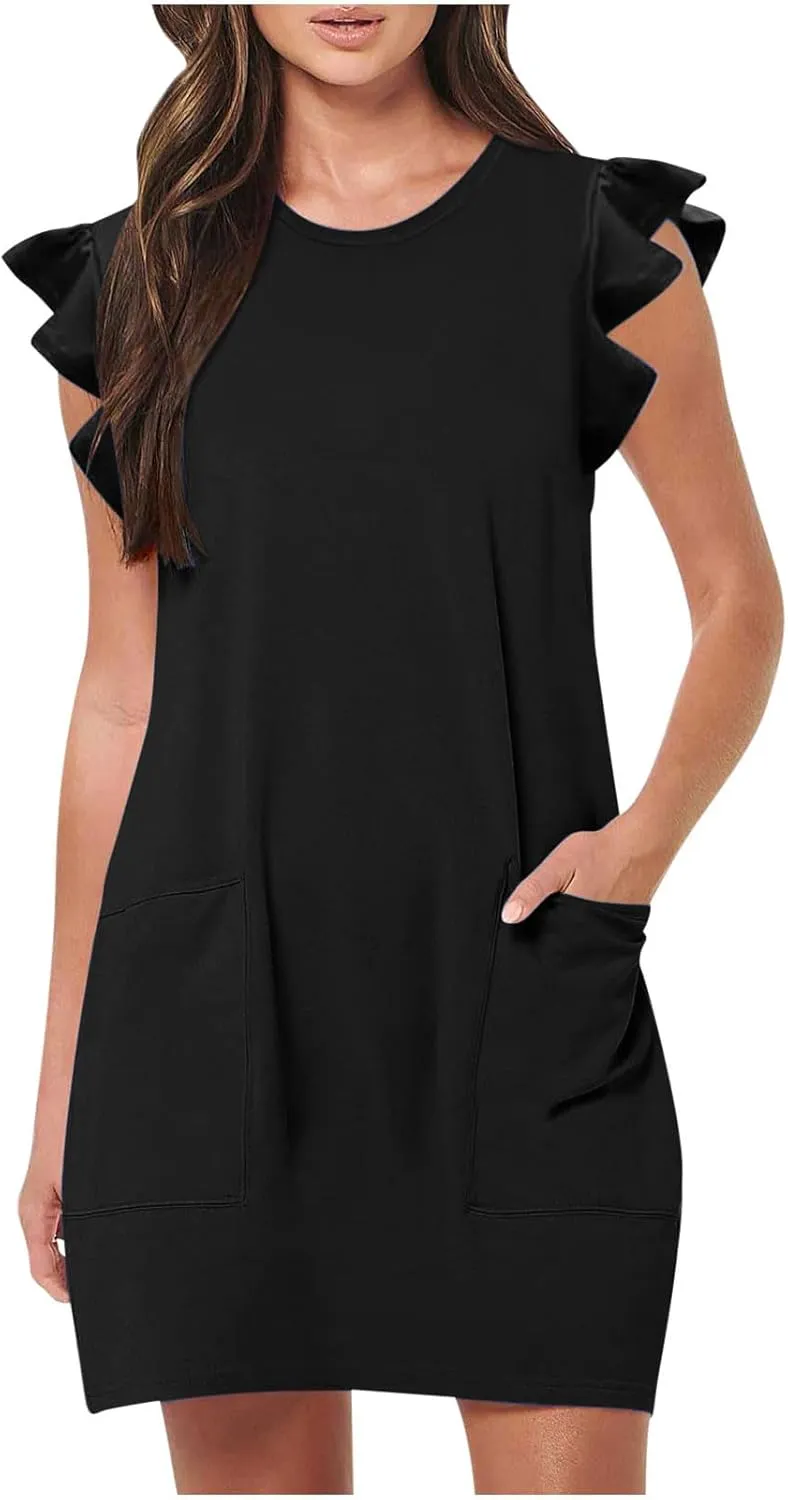Women's Summer Dress 2024 Trendy Ruffle Flying Sleeve Round Neck Casual Loose Solid Mini Dresses with Pockets