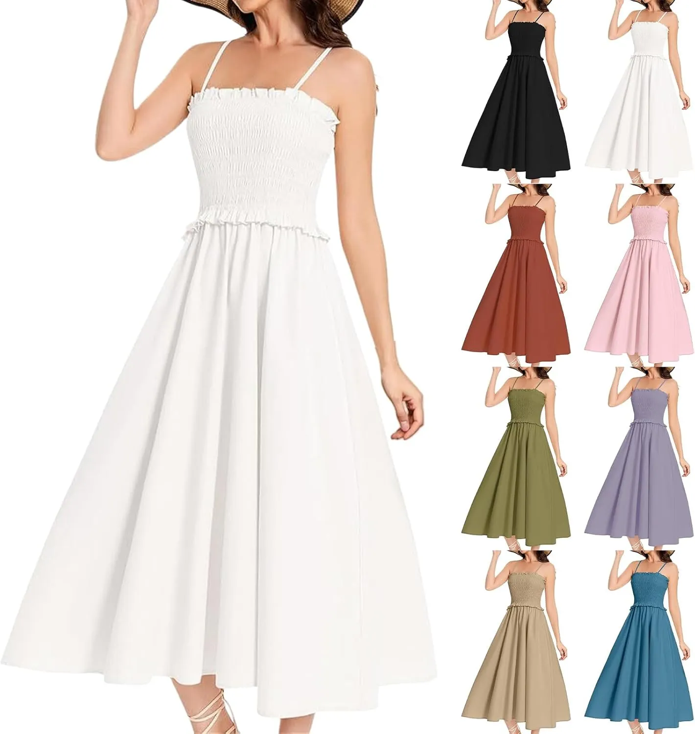 Women's Summer Dress 2025 Casual Fashion Spaghetti Strap Swing Smocked Maxi Sleeveless Beach Sundress