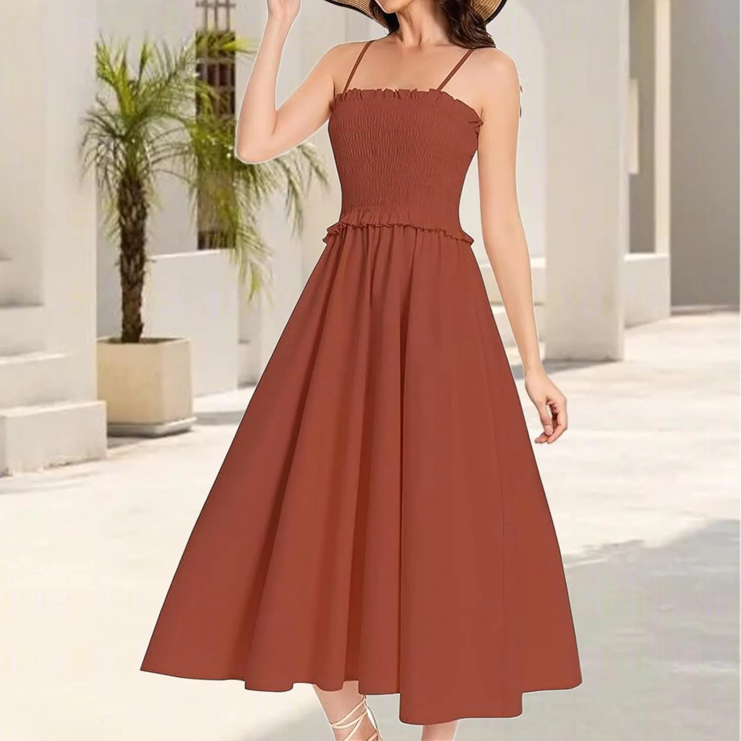 Women's Summer Dress 2025 Casual Fashion Spaghetti Strap Swing Smocked Maxi Sleeveless Beach Sundress