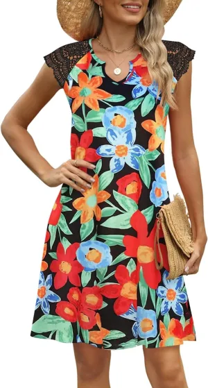 Women's Summer Dress Lace Cap Sleeve V Neck Sundress 2025 Beach Casual Floral T-Shirt Dress