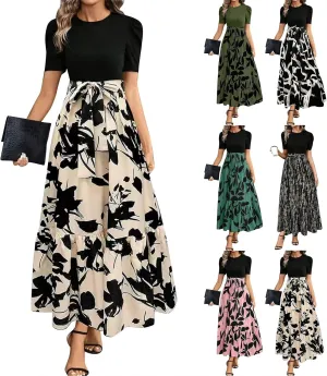 Women's Summer Dress Short Sleeve Crew Neck Floral High Waist Patchwork Dress Long Flowy A Line Maxi Dresses, S-2XL