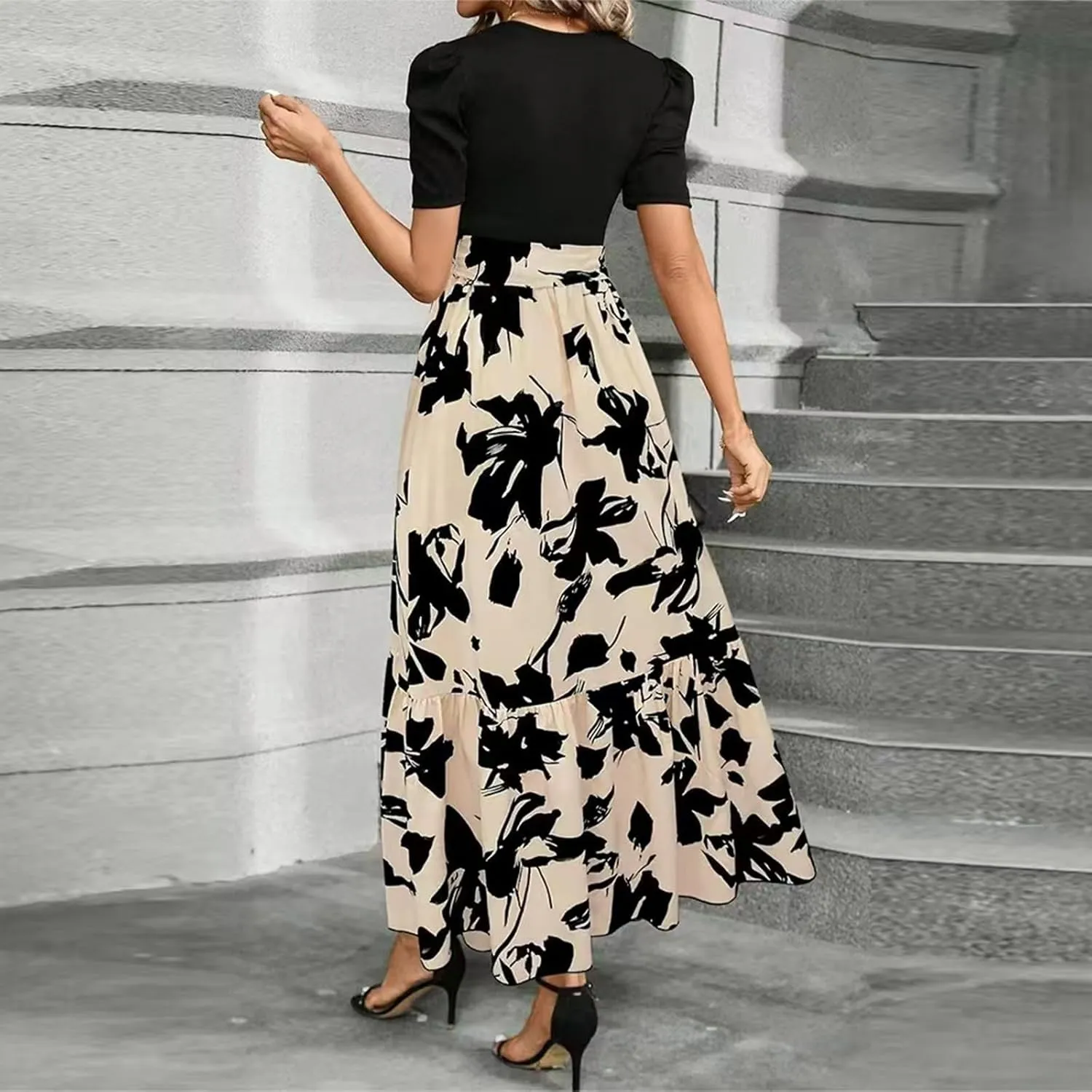 Women's Summer Dress Short Sleeve Crew Neck Floral High Waist Patchwork Dress Long Flowy A Line Maxi Dresses, S-2XL