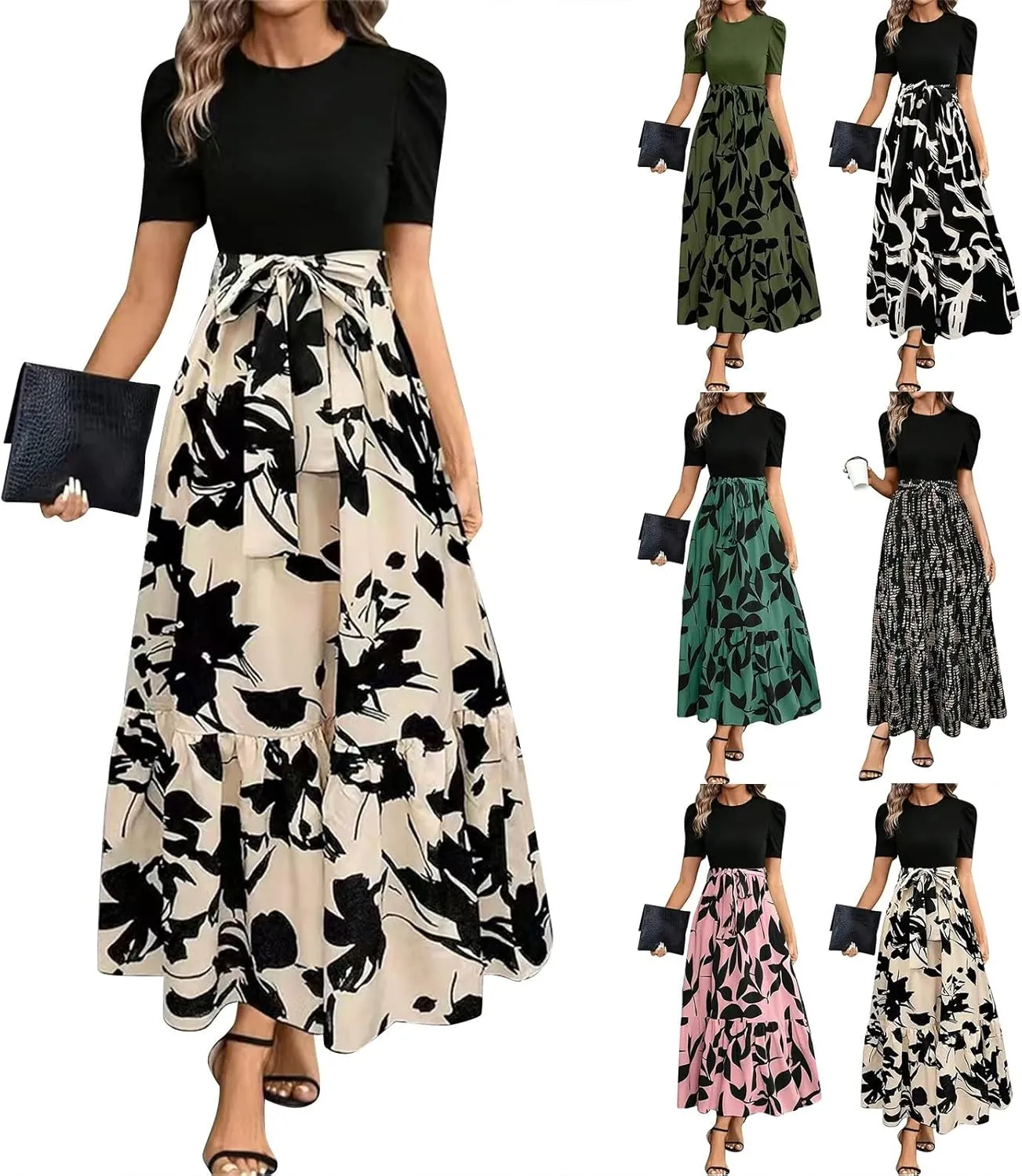 Women's Summer Dress Short Sleeve Crew Neck Floral High Waist Patchwork Dress Long Flowy A Line Maxi Dresses, S-2XL
