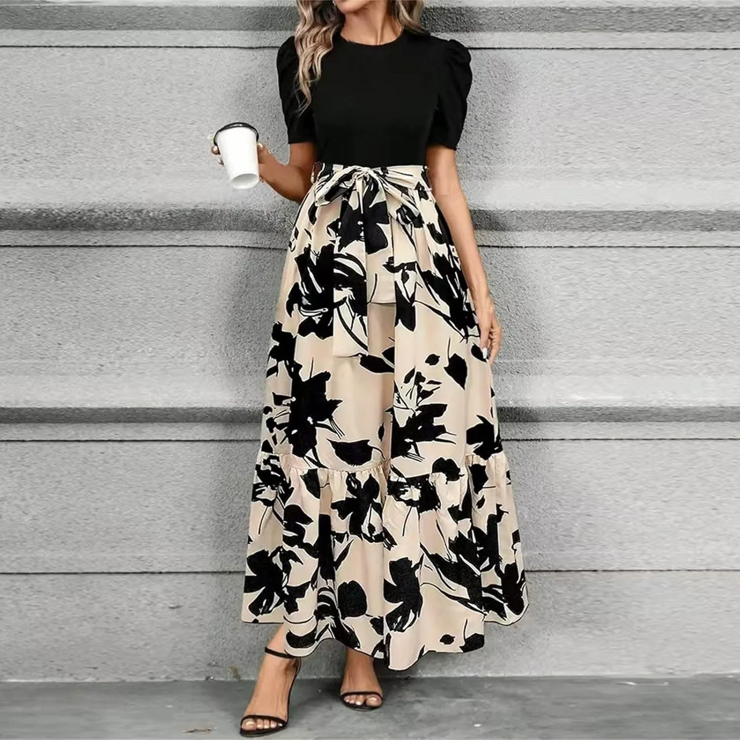 Women's Summer Dress Short Sleeve Crew Neck Floral High Waist Patchwork Dress Long Flowy A Line Maxi Dresses, S-2XL
