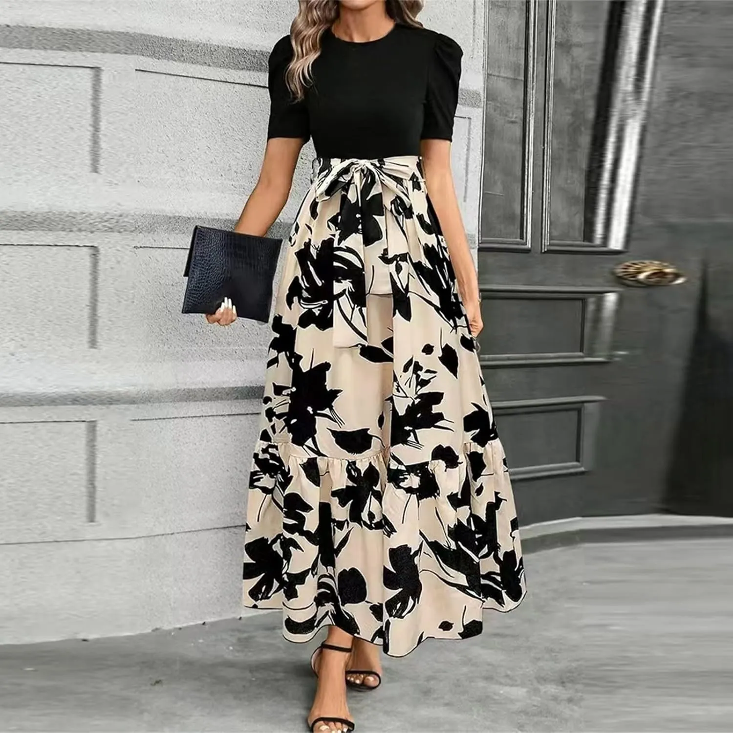 Women's Summer Dress Short Sleeve Crew Neck Floral High Waist Patchwork Dress Long Flowy A Line Maxi Dresses, S-2XL