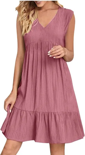 Womens Summer Dress Sleeveless V Neck Mini Dresses Fashion Casual Flowy Boho Ruffle A Line Swing Sundress 2025
