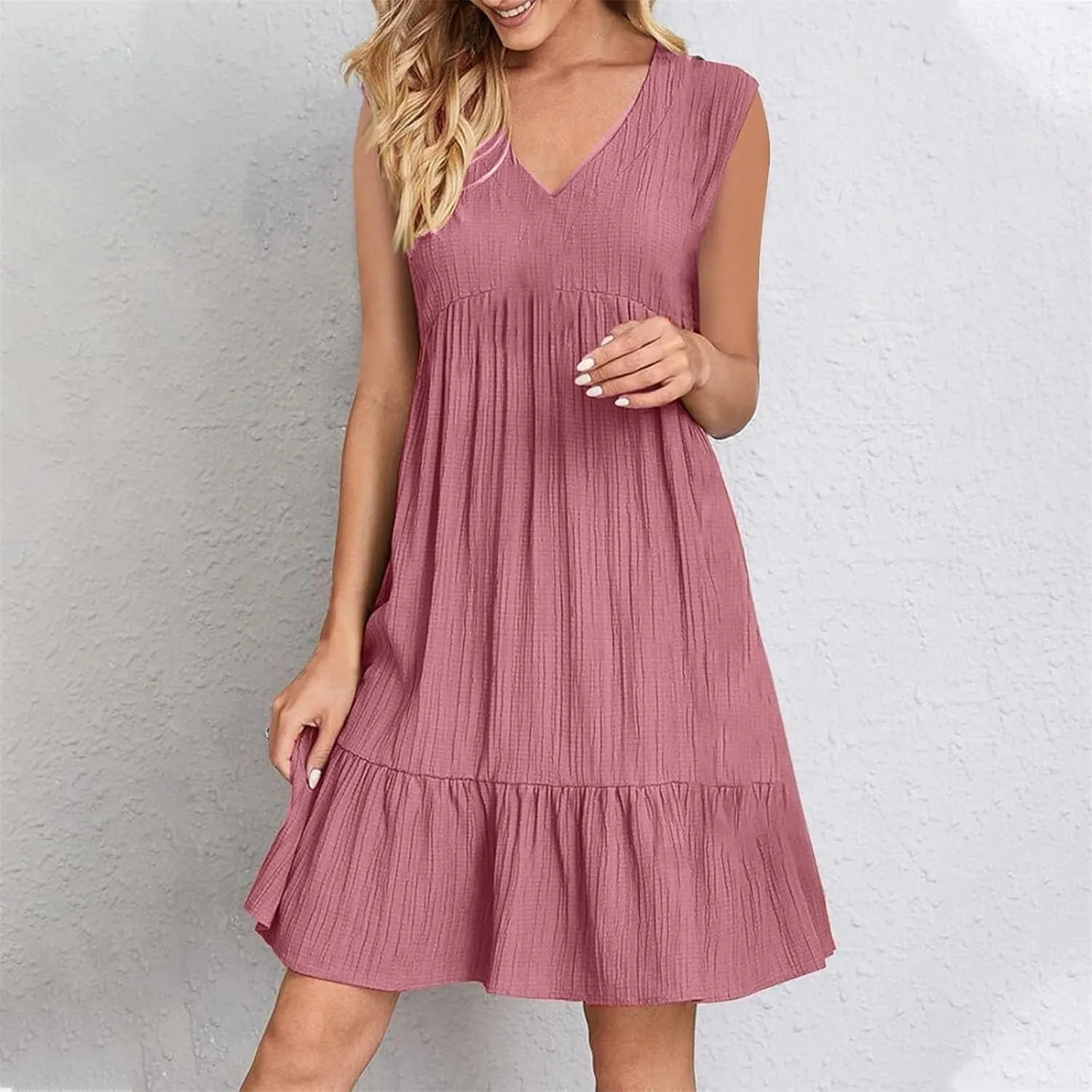 Womens Summer Dress Sleeveless V Neck Mini Dresses Fashion Casual Flowy Boho Ruffle A Line Swing Sundress 2025