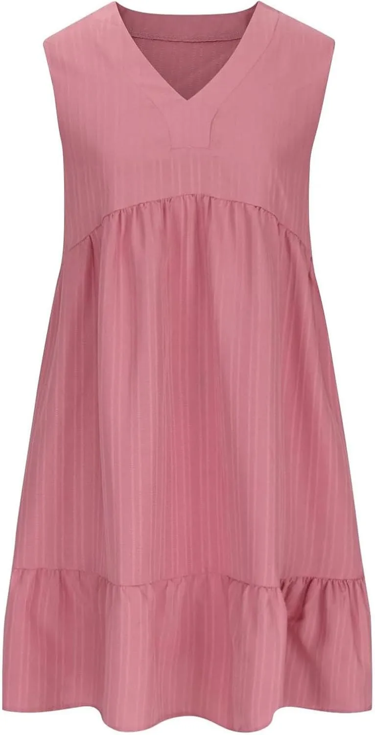 Womens Summer Dress Sleeveless V Neck Mini Dresses Fashion Casual Flowy Boho Ruffle A Line Swing Sundress 2025