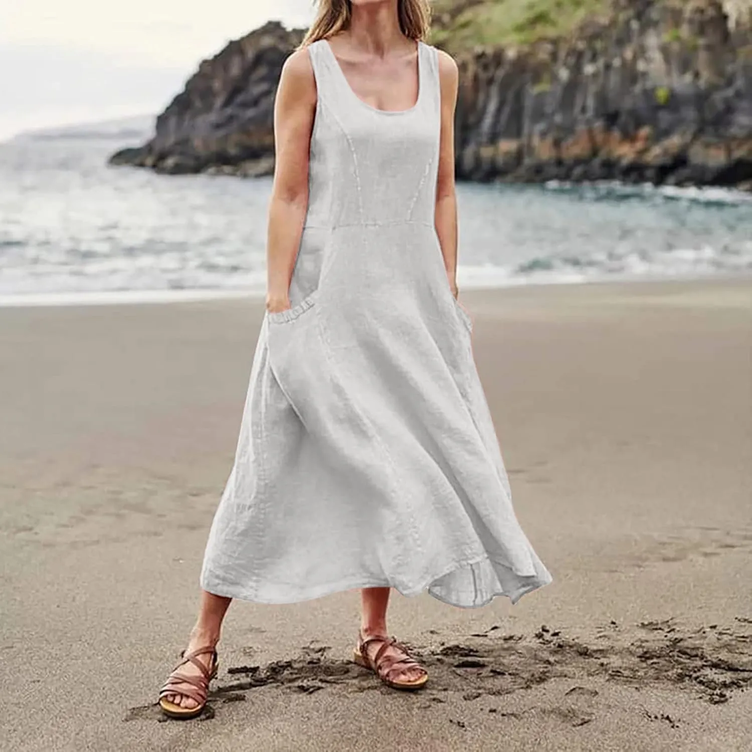 Womens Summer Dresses 2024 Casual Floral Print Boho Beach Sundress O Neck Sleeveless Loose Maxi Dress with Pockets
