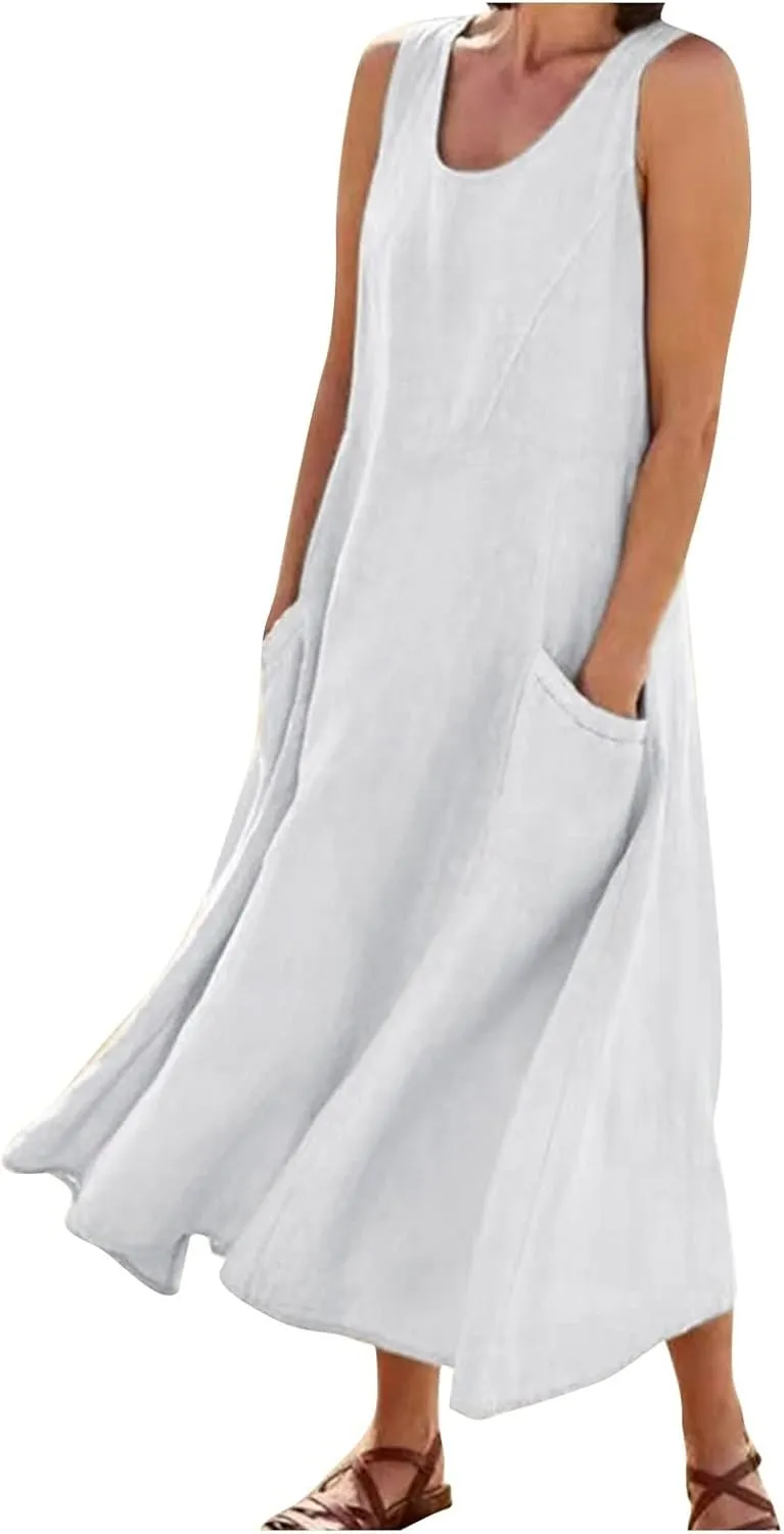 Womens Summer Dresses 2024 Casual Floral Print Boho Beach Sundress O Neck Sleeveless Loose Maxi Dress with Pockets
