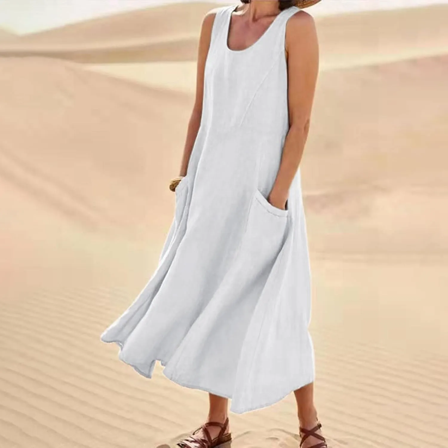 Womens Summer Dresses 2024 Casual Floral Print Boho Beach Sundress O Neck Sleeveless Loose Maxi Dress with Pockets