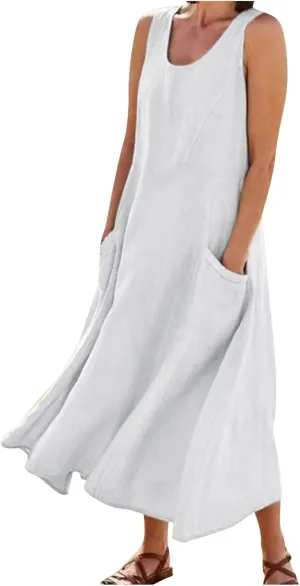 Womens Summer Dresses 2024 Casual Floral Print Boho Beach Sundress O Neck Sleeveless Loose Maxi Dress with Pockets