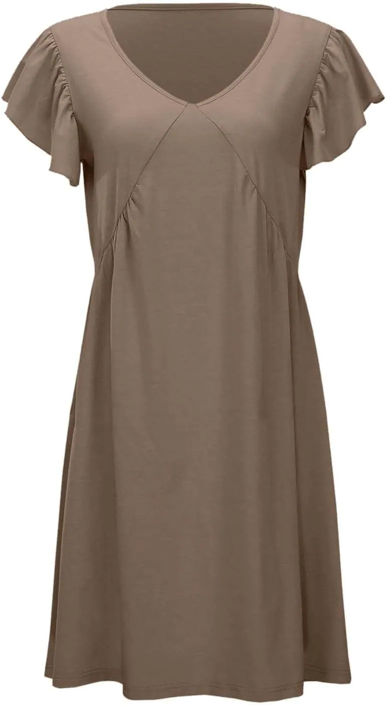Women's Summer Dresses 2025 Beach Casual Deep V Neck Loose Sundress Ruffle Sleeve Mini Dress