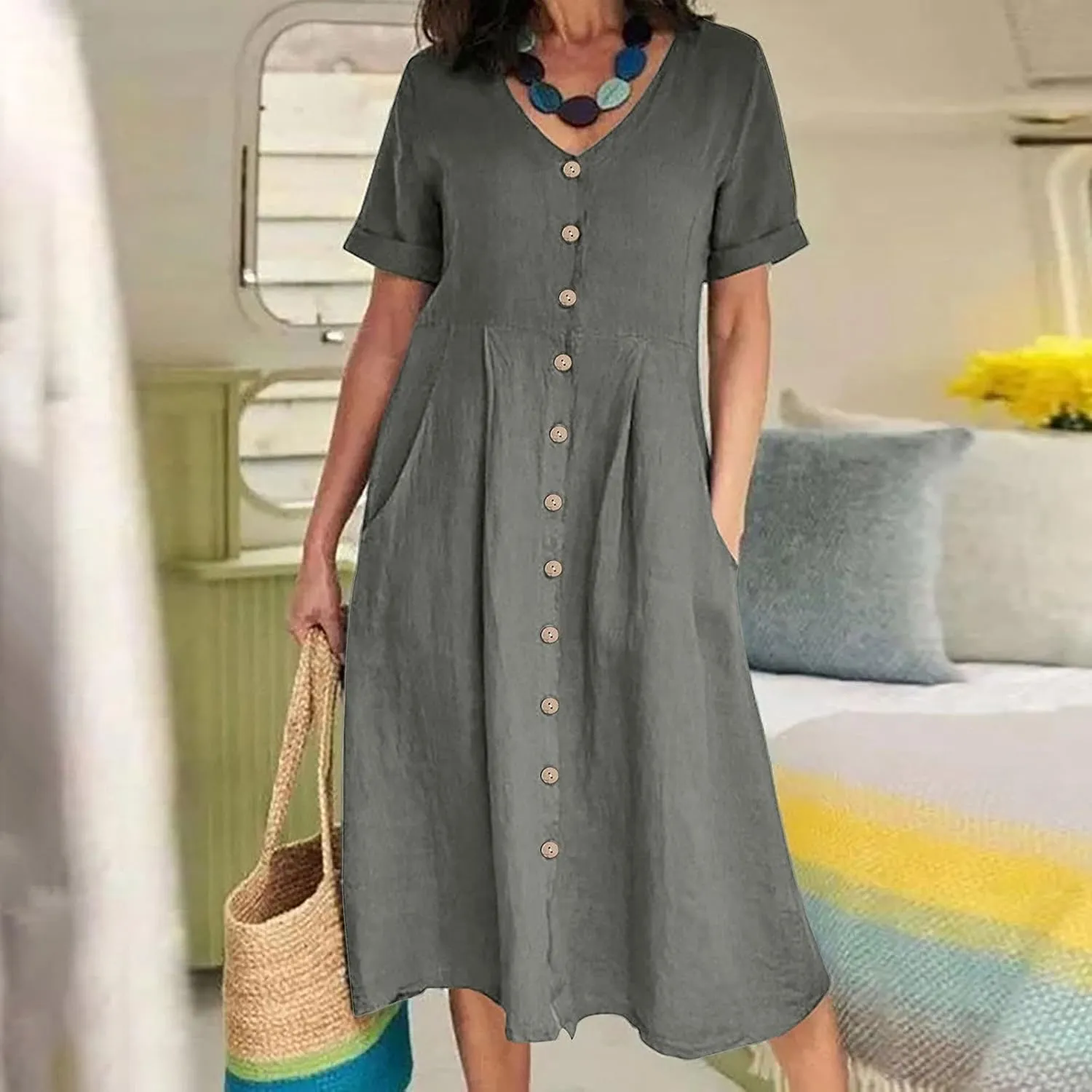 Women's Summer Dresses 2025 Casual Loose Trendy Short Sleeve V-Neck Solid Color Button Linen Dress Plus Size, S-5XL