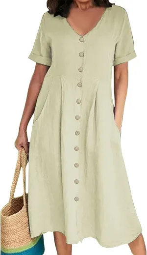 Women's Summer Dresses 2025 Casual Loose Trendy Short Sleeve V-Neck Solid Color Button Linen Dress Plus Size, S-5XL
