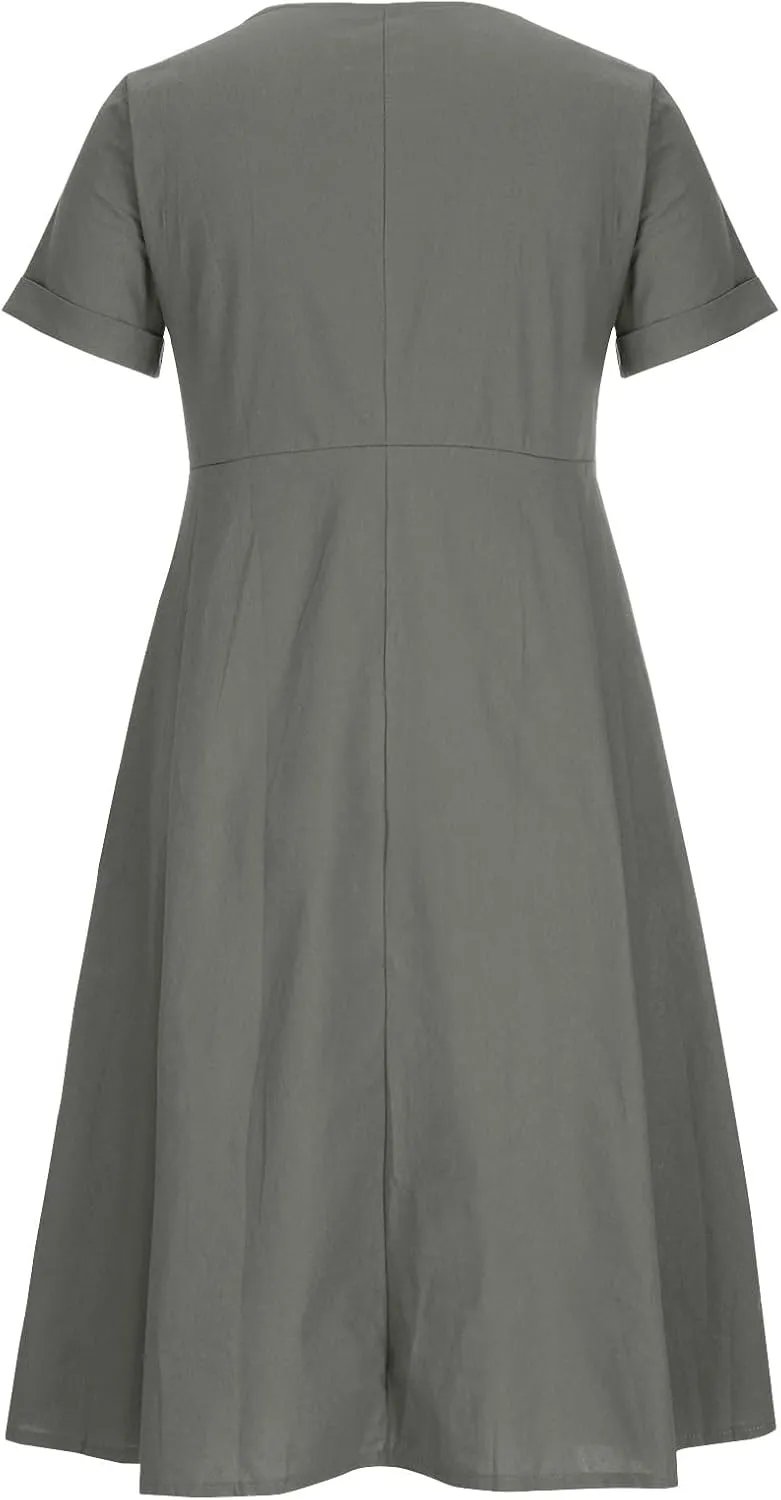Women's Summer Dresses 2025 Casual Loose Trendy Short Sleeve V-Neck Solid Color Button Linen Dress Plus Size, S-5XL