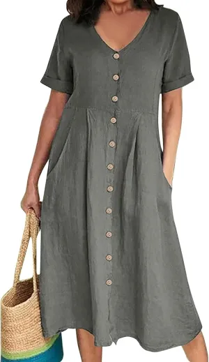 Women's Summer Dresses 2025 Casual Loose Trendy Short Sleeve V-Neck Solid Color Button Linen Dress Plus Size, S-5XL