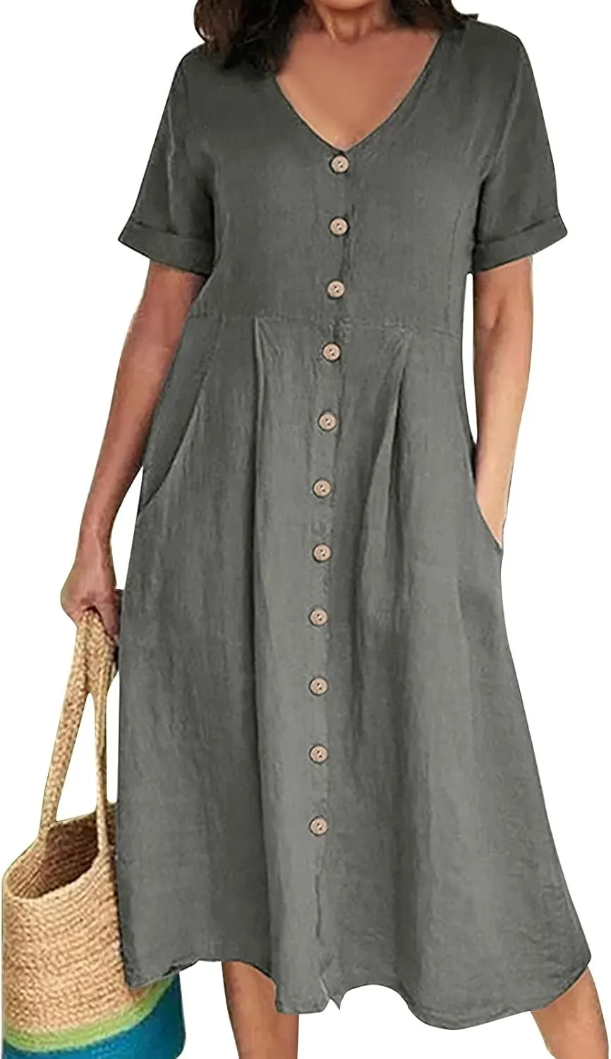 Women's Summer Dresses 2025 Casual Loose Trendy Short Sleeve V-Neck Solid Color Button Linen Dress Plus Size, S-5XL
