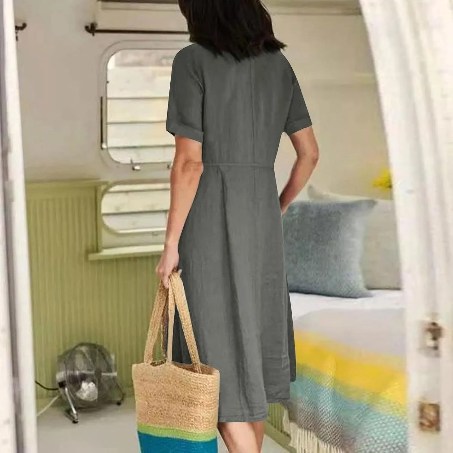 Women's Summer Dresses 2025 Casual Loose Trendy Short Sleeve V-Neck Solid Color Button Linen Dress Plus Size, S-5XL