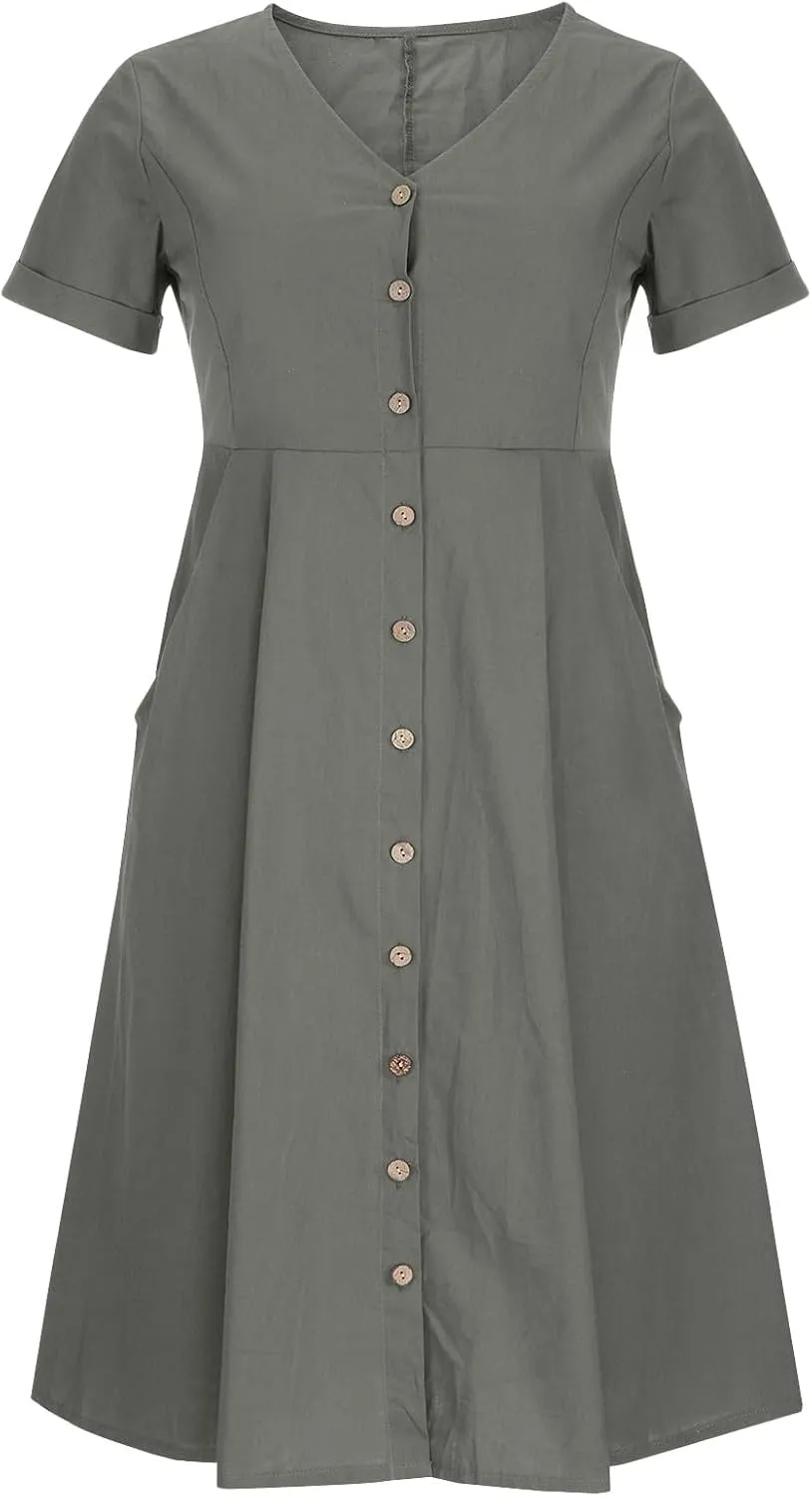 Women's Summer Dresses 2025 Casual Loose Trendy Short Sleeve V-Neck Solid Color Button Linen Dress Plus Size, S-5XL