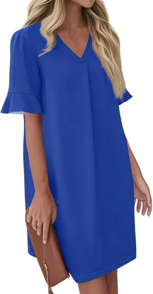 Womens Summer Dresses 2025 Loose Scoop Neck Ruffle Short Sleeve Sundresses Dress with Pockets