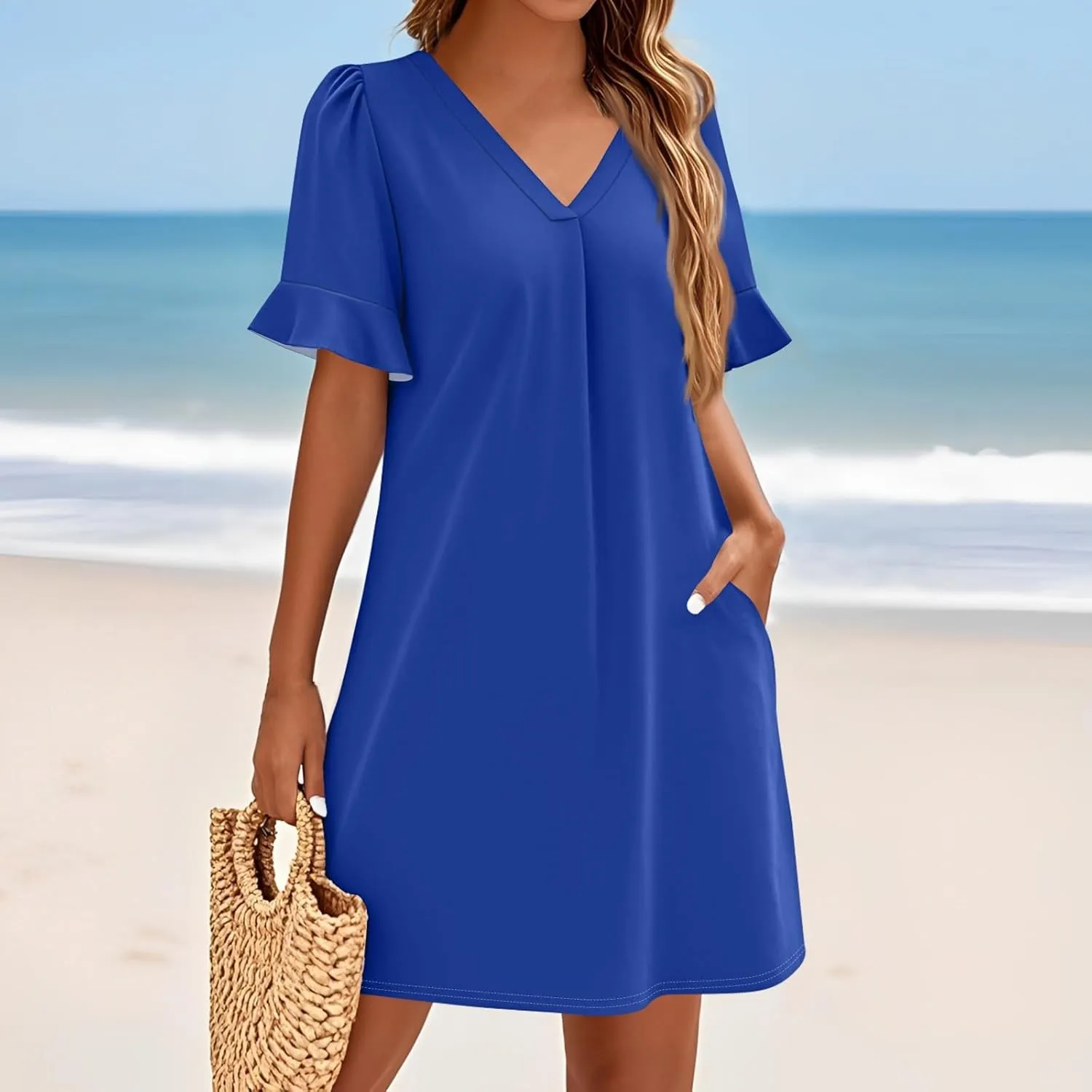 Womens Summer Dresses 2025 Loose Scoop Neck Ruffle Short Sleeve Sundresses Dress with Pockets