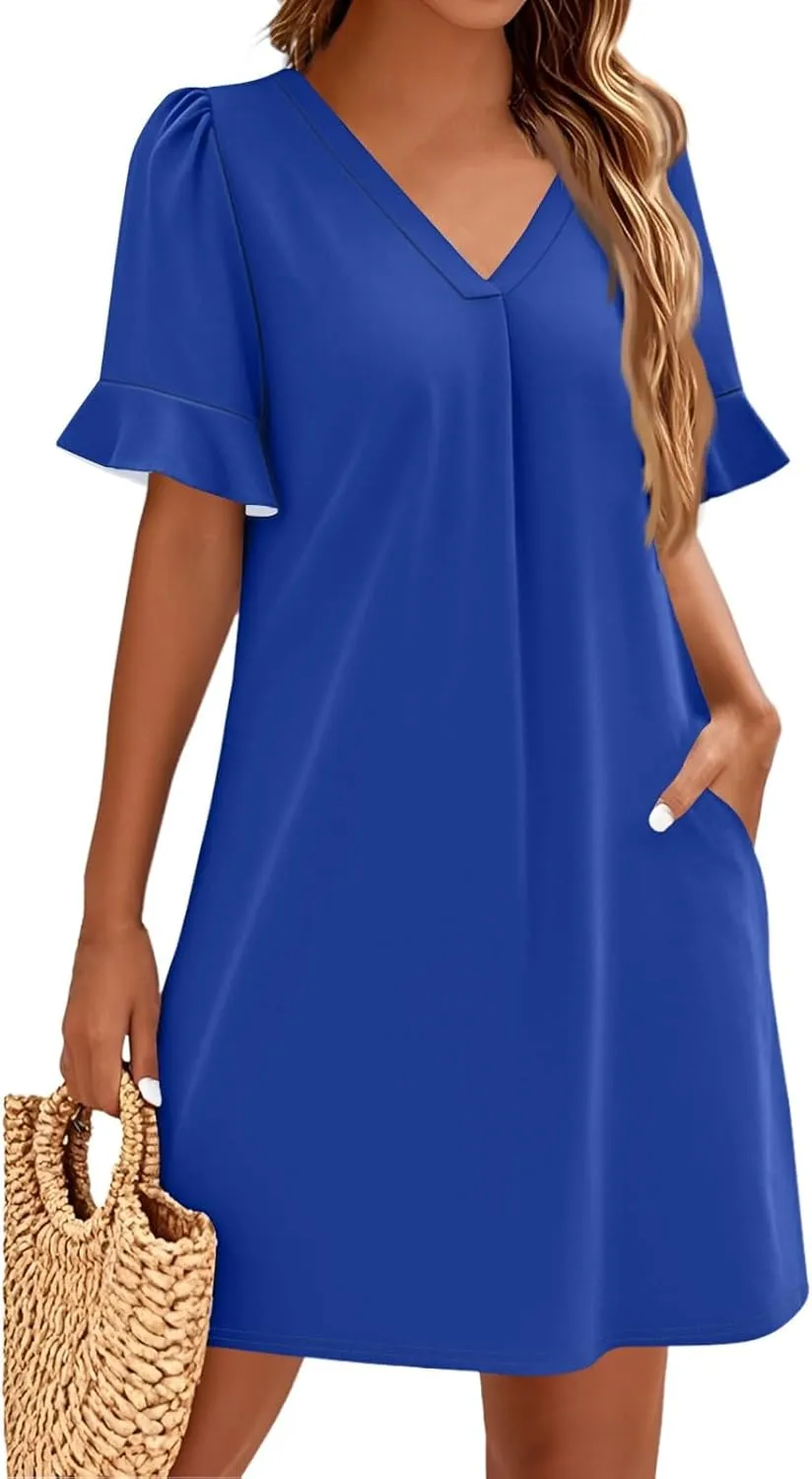 Womens Summer Dresses 2025 Loose Scoop Neck Ruffle Short Sleeve Sundresses Dress with Pockets