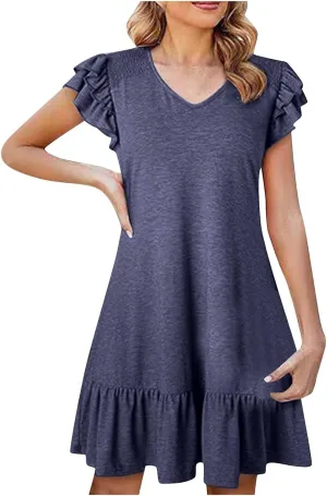 Womens Summer Dresses 2025 Ruffle Short Sleeve Smocked V Neck Casual Loose A-Line Swing Mini Dress Sundress Y2k Flowy Dresses
