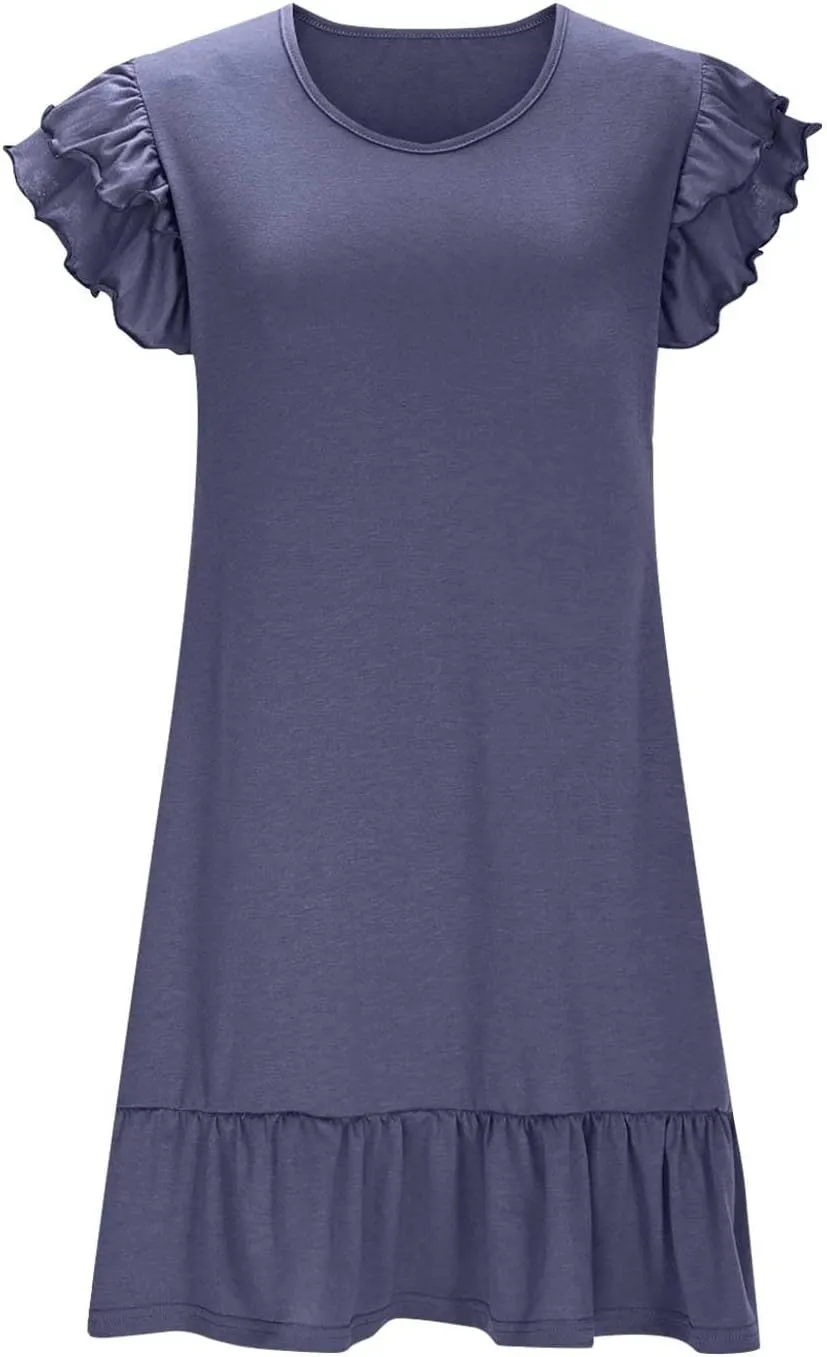 Womens Summer Dresses 2025 Ruffle Short Sleeve Smocked V Neck Casual Loose A-Line Swing Mini Dress Sundress Y2k Flowy Dresses