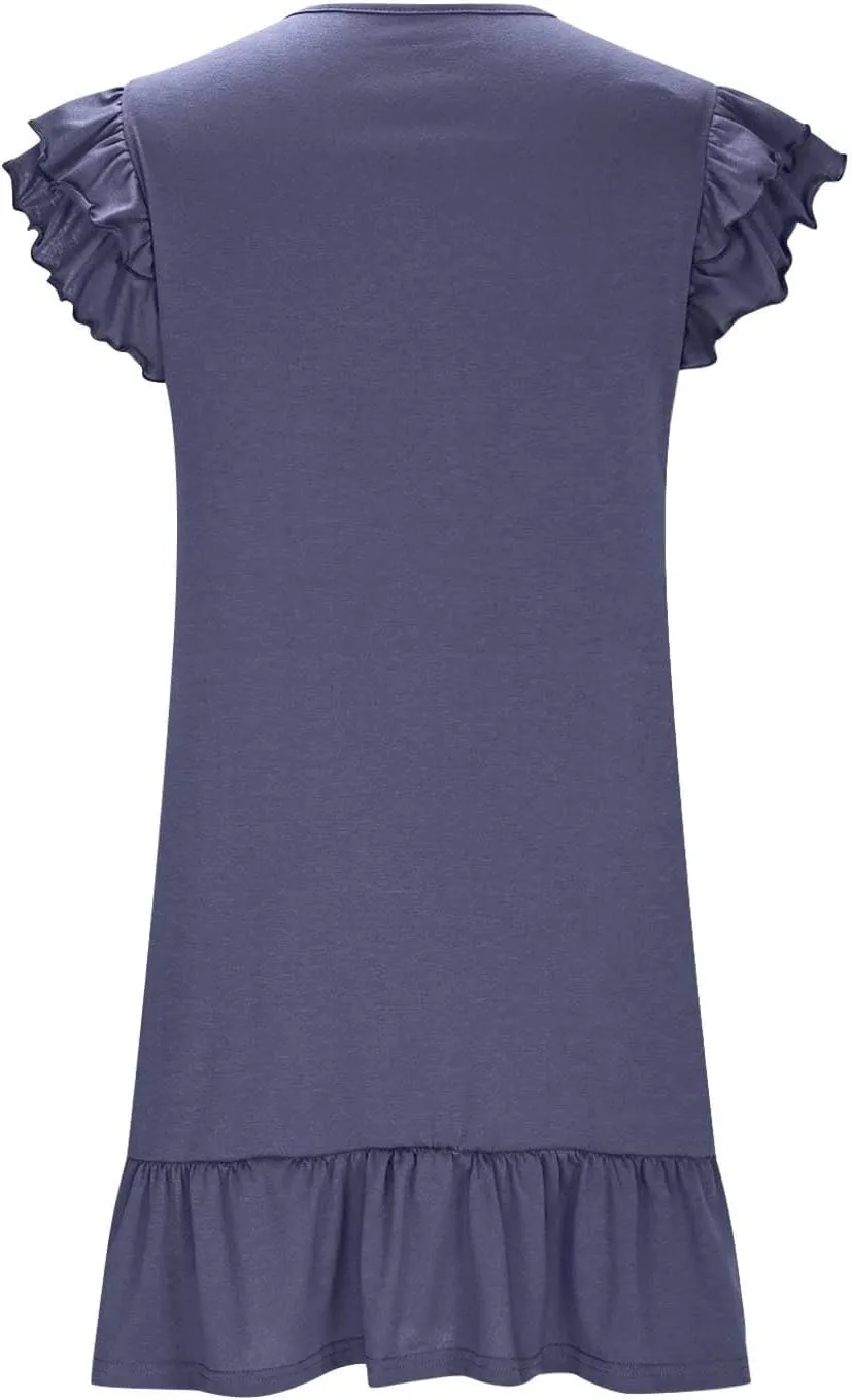 Womens Summer Dresses 2025 Ruffle Short Sleeve Smocked V Neck Casual Loose A-Line Swing Mini Dress Sundress Y2k Flowy Dresses