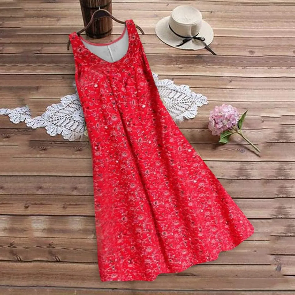 Womens Summer Dresses 2025 Women's Spring/Summer Flower Printed Casual Tank Top Pockets Beach Casual Dress 100