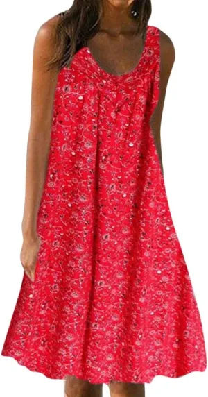 Womens Summer Dresses 2025 Women's Spring/Summer Flower Printed Casual Tank Top Pockets Beach Casual Dress 100