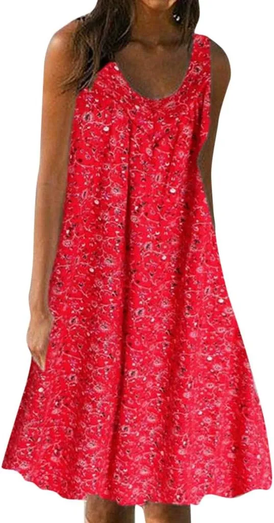 Womens Summer Dresses 2025 Women's Spring/Summer Flower Printed Casual Tank Top Pockets Beach Casual Dress 100