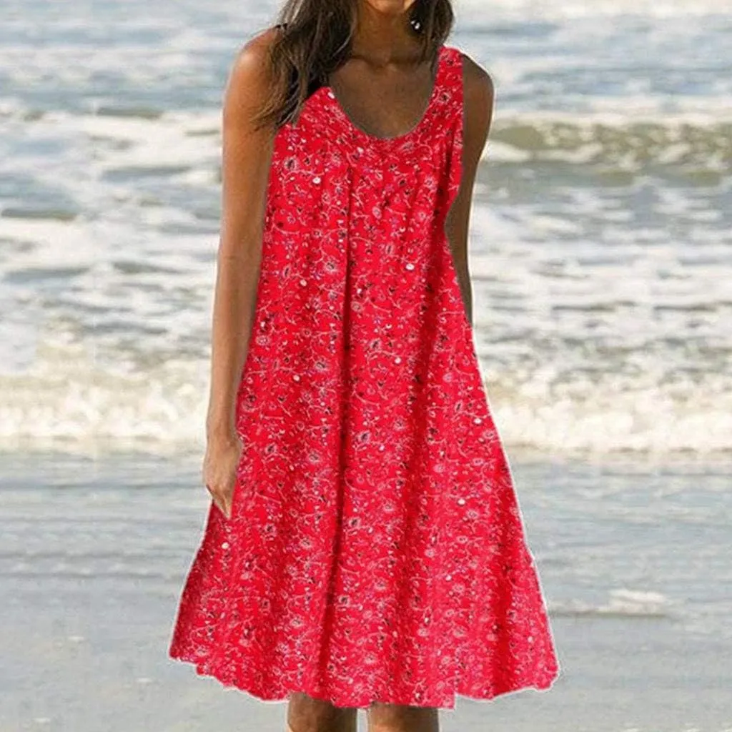 Womens Summer Dresses 2025 Women's Spring/Summer Flower Printed Casual Tank Top Pockets Beach Casual Dress 100