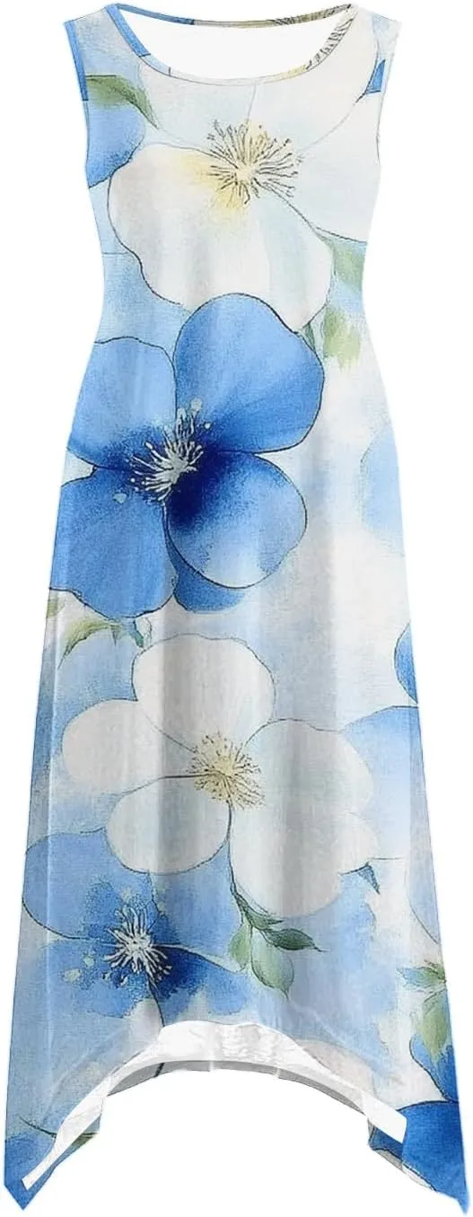 Womens Summer Dresses Casual Plus Size Sleeveless Crewneck Tank Sundress Flowy Print Hawaiian Trendy Graphic Boho Midi Dress