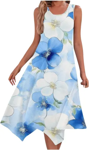 Womens Summer Dresses Casual Plus Size Sleeveless Crewneck Tank Sundress Flowy Print Hawaiian Trendy Graphic Boho Midi Dress