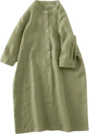 Womens Summer Dresses Casual Short Sleeve Cotton Linen Dress Loose Pleated Crewneck Boho Sundress